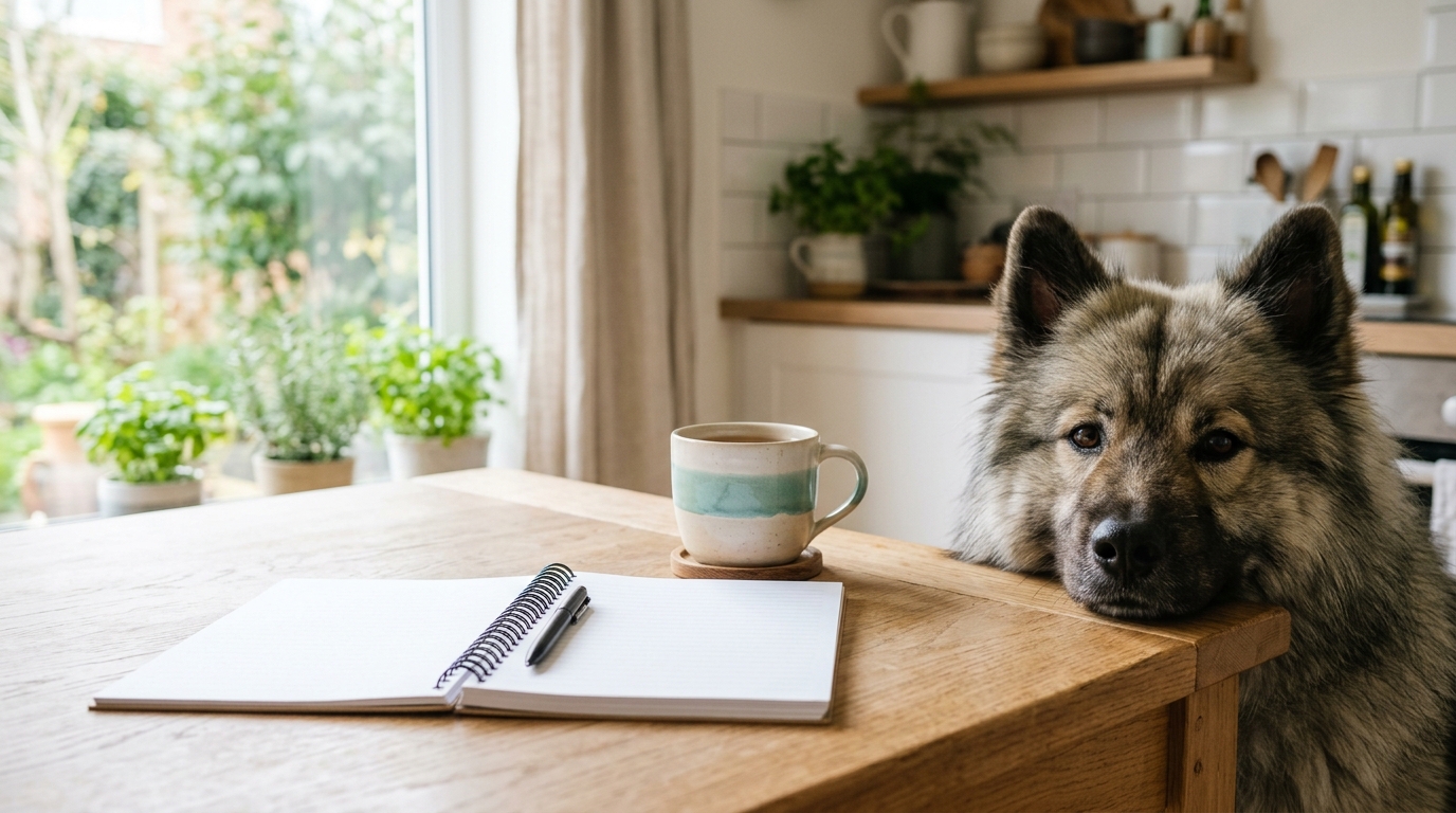 Ein aufgeschlagenes leeres Notizbuch und eine Tasse auf einem hellen Küchentisch, daneben legt ein Eurasier den Kopf auf die Tischkante.